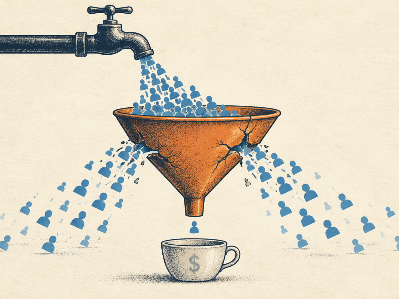 A wide editorial illustration of a lead faucet pouring into a leaky funnel, with very little reaching the bottom as revenue.