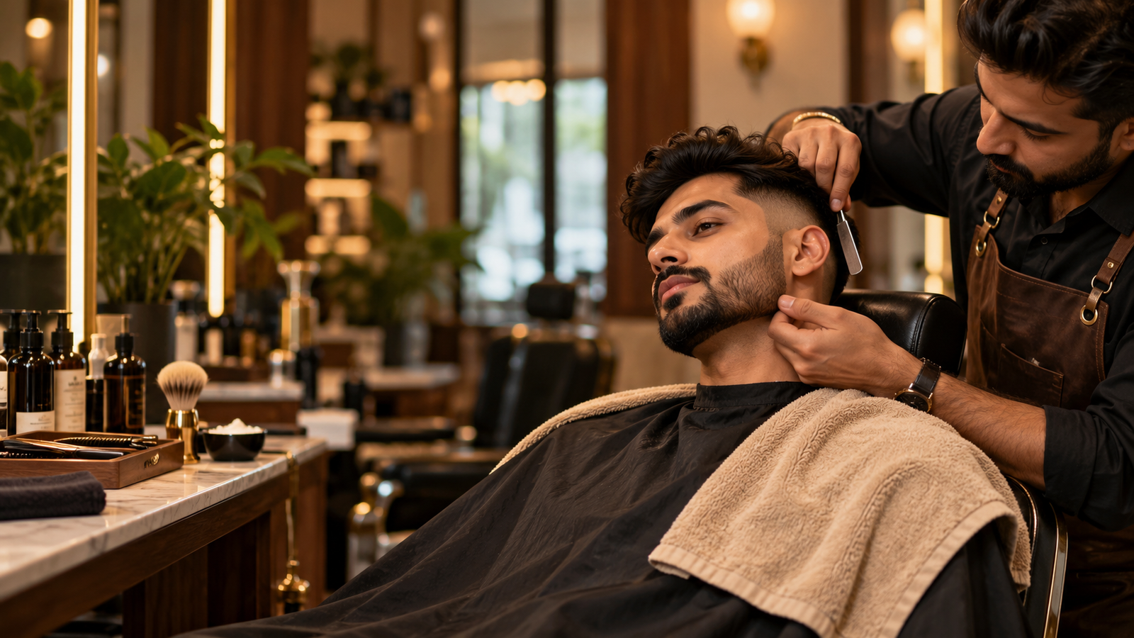 A well-groomed Indian man with a textured hairstyle, mid skin fade, and neatly trimmed beard receives a straight-razor beard trim from a professional barber in a premium salon. Warm lighting, wooden interiors, grooming products, and a beige towel create a luxurious, relaxing atmosphere.