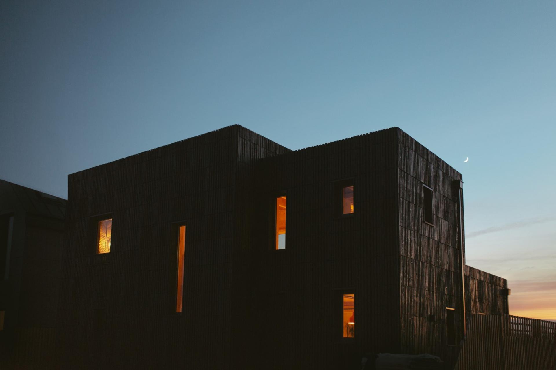This is an exterior photograph of Box House. It is made of U-Build in collaboration with Studio Bark and has been featured on the Grand Designs TV show.