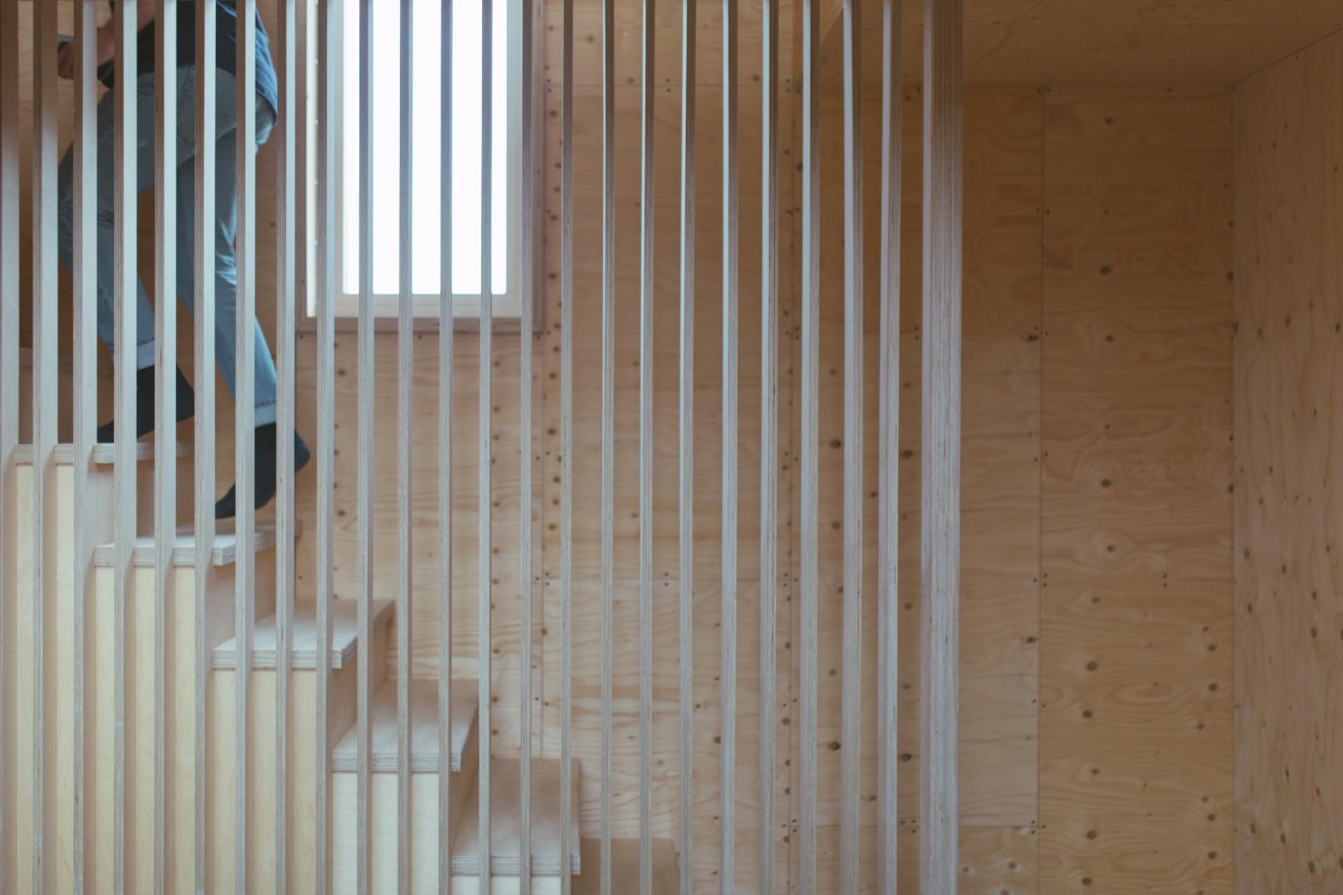 This is an interior staircase photograph of Box House. It is made of U-Build in collaboration with Studio Bark and has been featured on the Grand Designs TV show.
