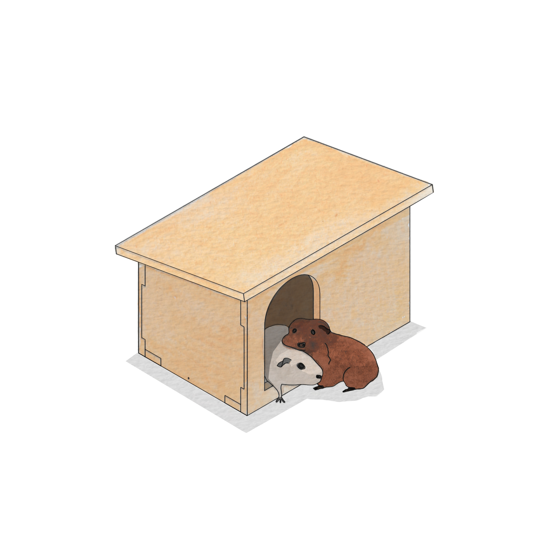 A brown guinea pig lies on a white blanket just outside the entrance of a modular spruce pet house with a slanted roof.