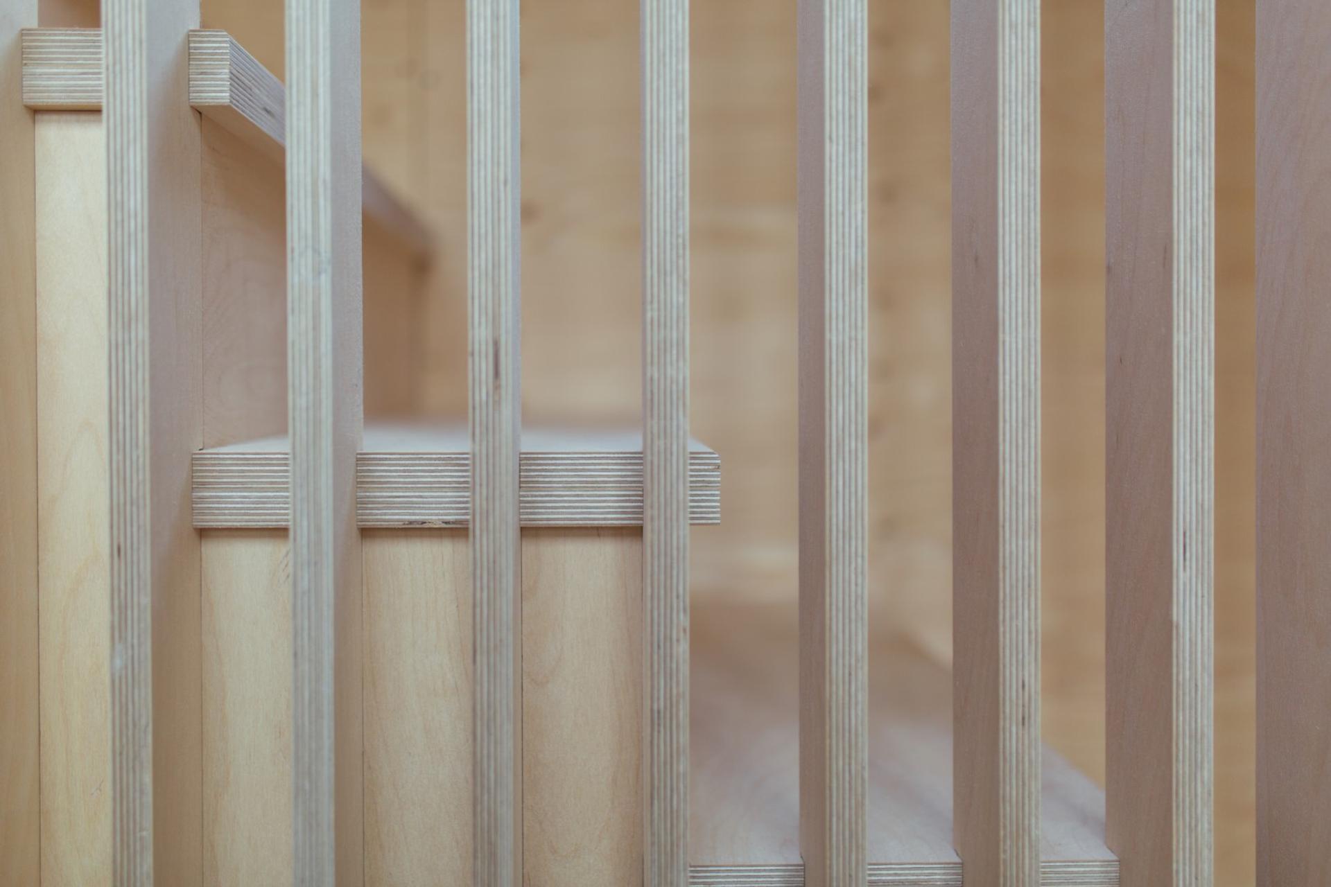 This is an interior staircase photograph of Box House. It is made of U-Build in collaboration with Studio Bark and has been featured on the Grand Designs TV show.