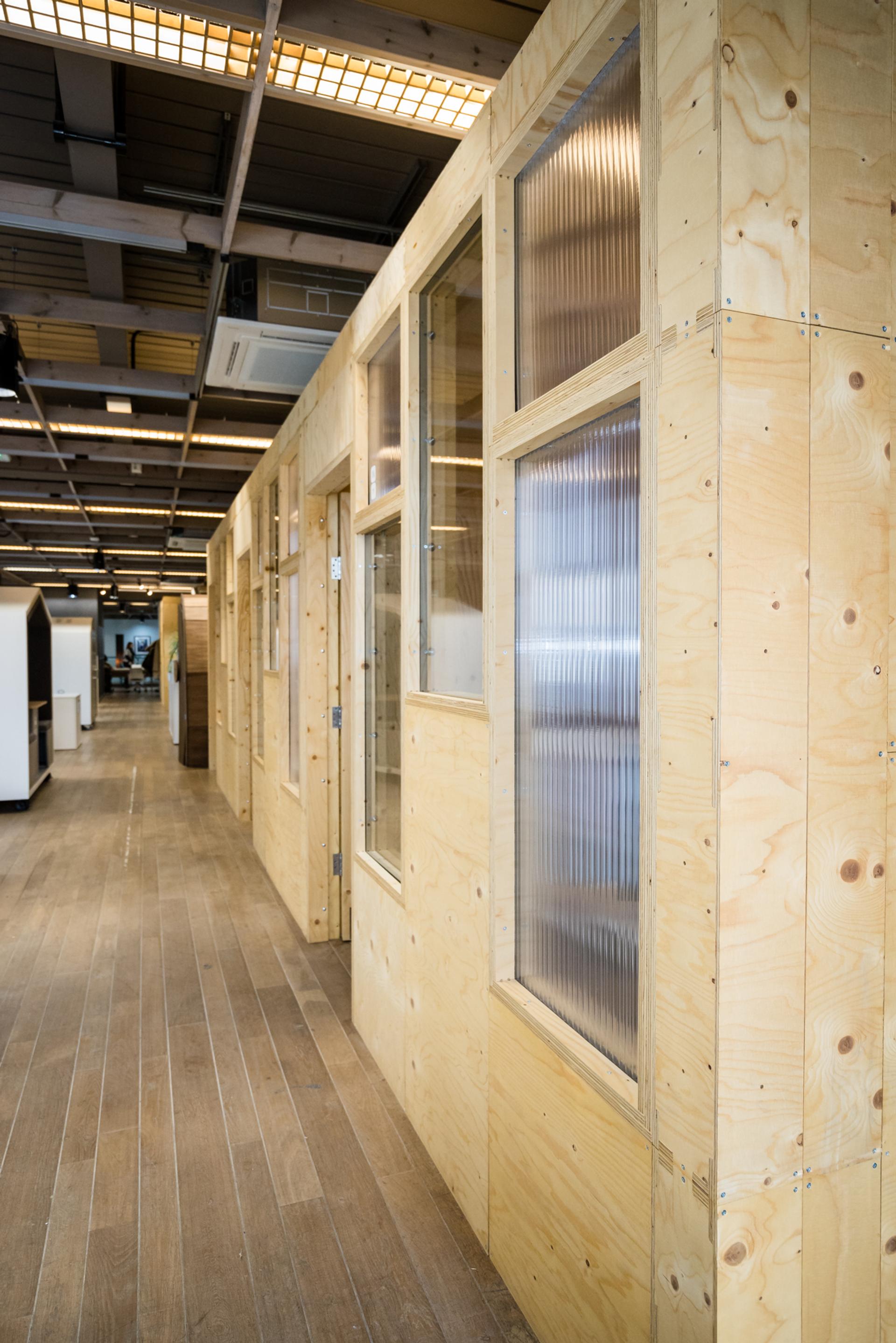 An interior view of a modern office showcases timber construction with birch-panelled walls, large windows, and a corridor featuring wooden flooring beneath a ceiling with exposed beams and lights.