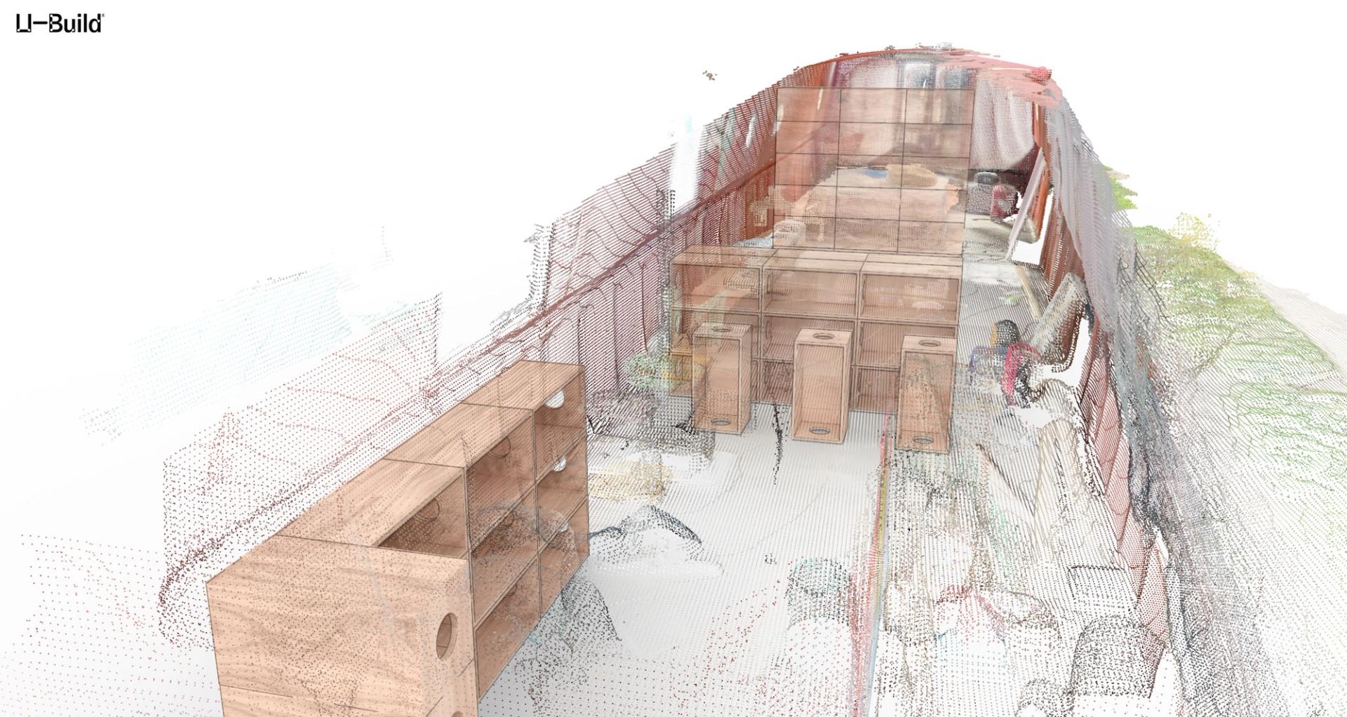 Digital rendering of canal boat's interior installation being converted into a living space, featuring wooden furniture, storage units, and visible construction elements with wireframe outlines. Part of the innovative Floating Gallery by FLOTO.