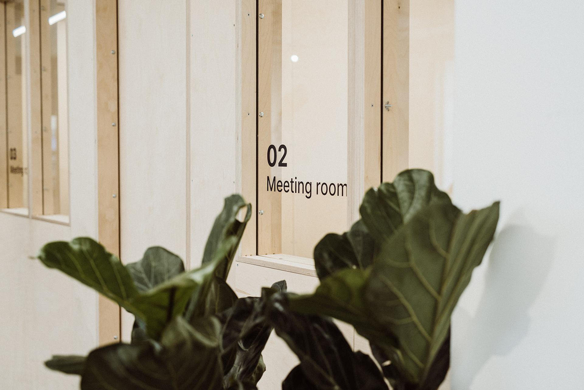 A close-up of a glass window labelled 02 Meeting room on a light birch wooden wall, with large green leafy plants in the foreground.