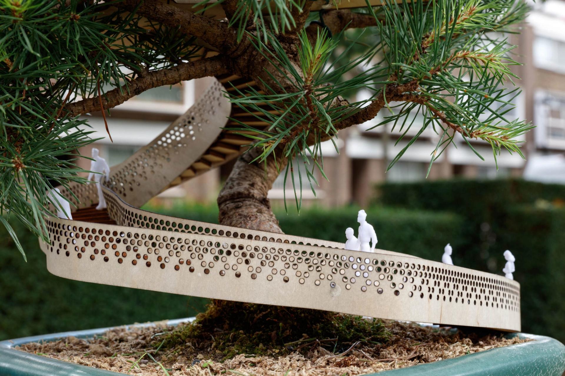 A model of a bonsai tree with a miniature walkway winding around its trunk, featuring tiny human figures walking on the path—perfect as a unique display piece for any bonsai exhibition.