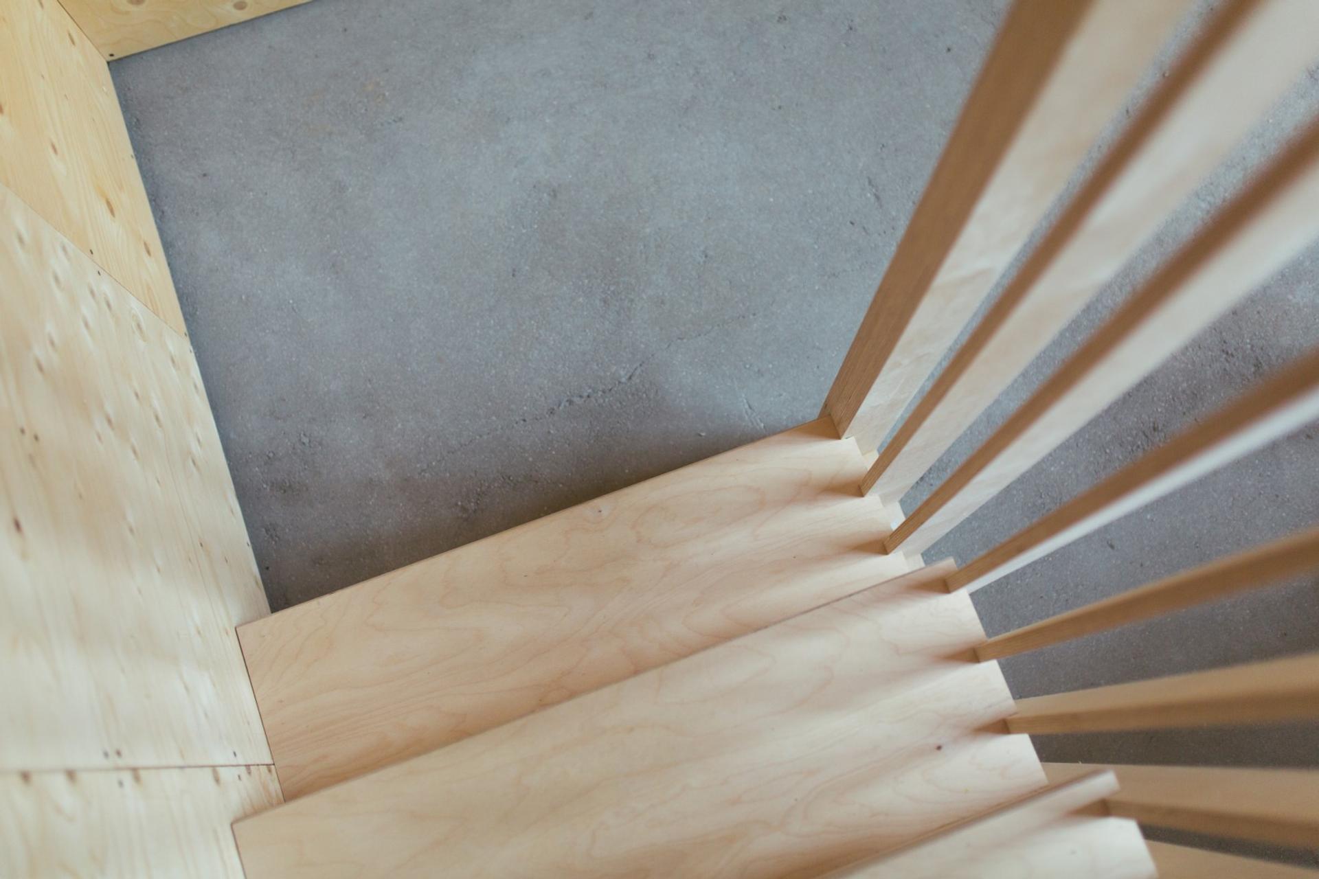 This is an interior staircase photograph of Box House. It is made of U-Build in collaboration with Studio Bark and has been featured on the Grand Designs TV show.