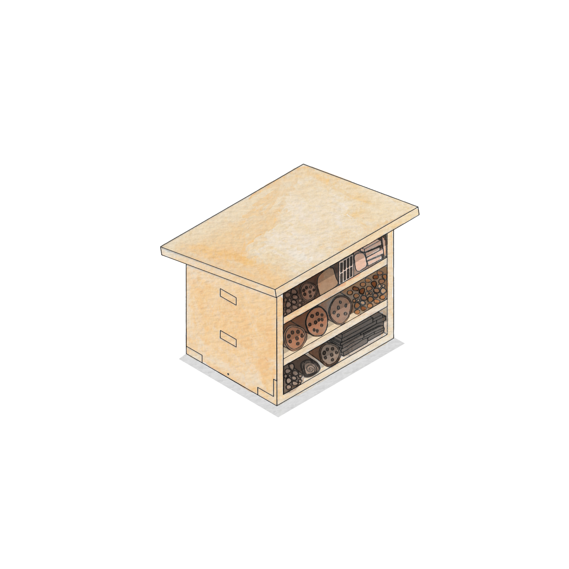 Isometric illustration of a sustainable wooden cupboard with a slanted top, open shelves, and various round and rectangular objects stored inside, crafted from spruce timber construction.