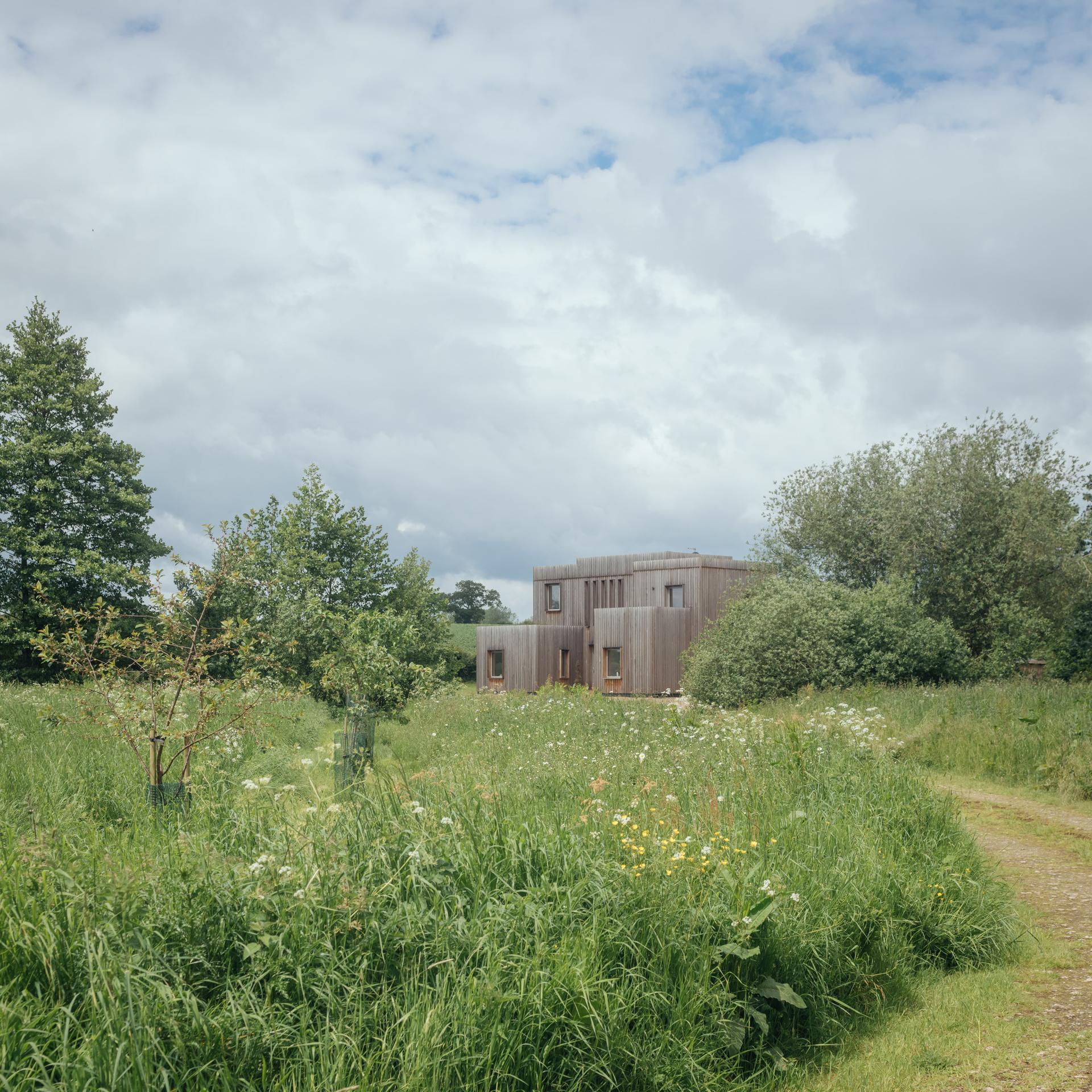 A modern wooden house built with the U-Build system sits among tall grass and wildflowers, surrounded by trees under a partly cloudy sky. A dirt path curves through the greenery towards the building.