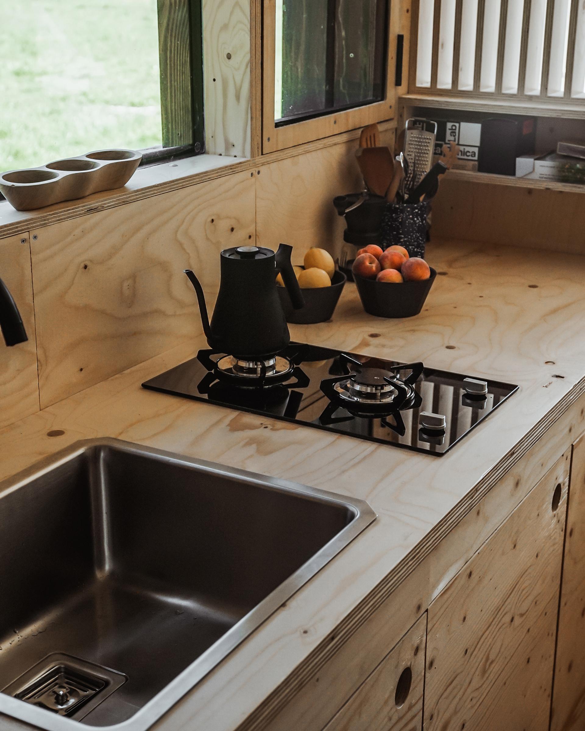 A minimalist wooden kitchen with a stainless steel sink, a black hob with a kettle, bowls of fruit, and utensils in a holder—sunlight highlights the beauty of sustainably sourced materials throughout the space.