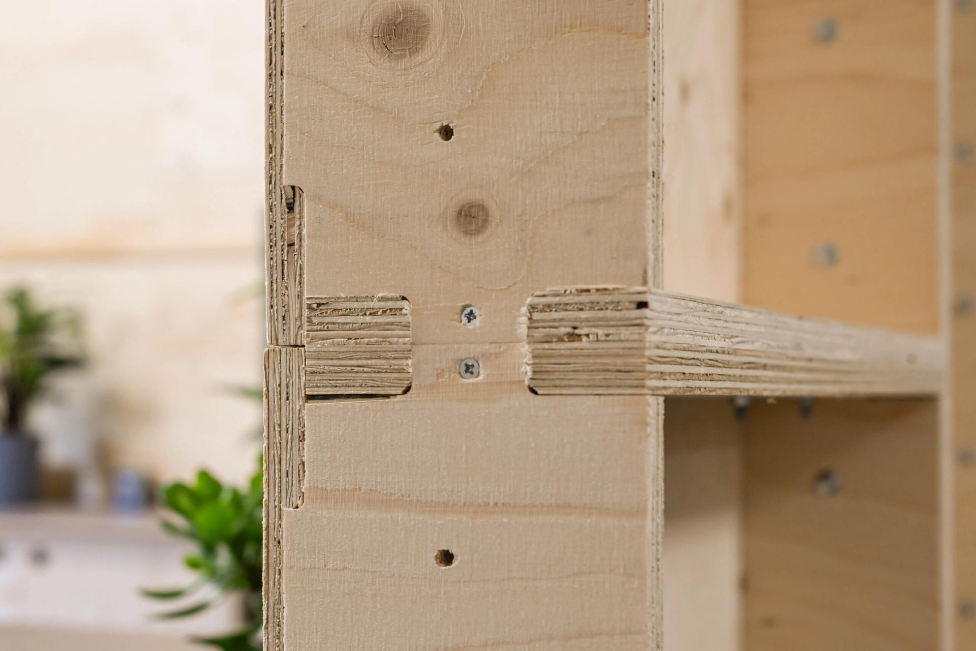 Close-up of interlocking plywood joints secured with screws in a light-coloured wooden structure at Dekiln Workshop, with blurred green plants and shelves in the background.