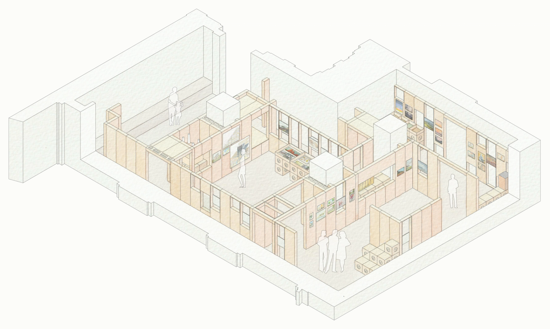 Isometric architectural drawing of a modular gallery space with multiple rooms, display shelves, artworks on the walls, storage boxes, and translucent human silhouettes interacting with timber construction elements.