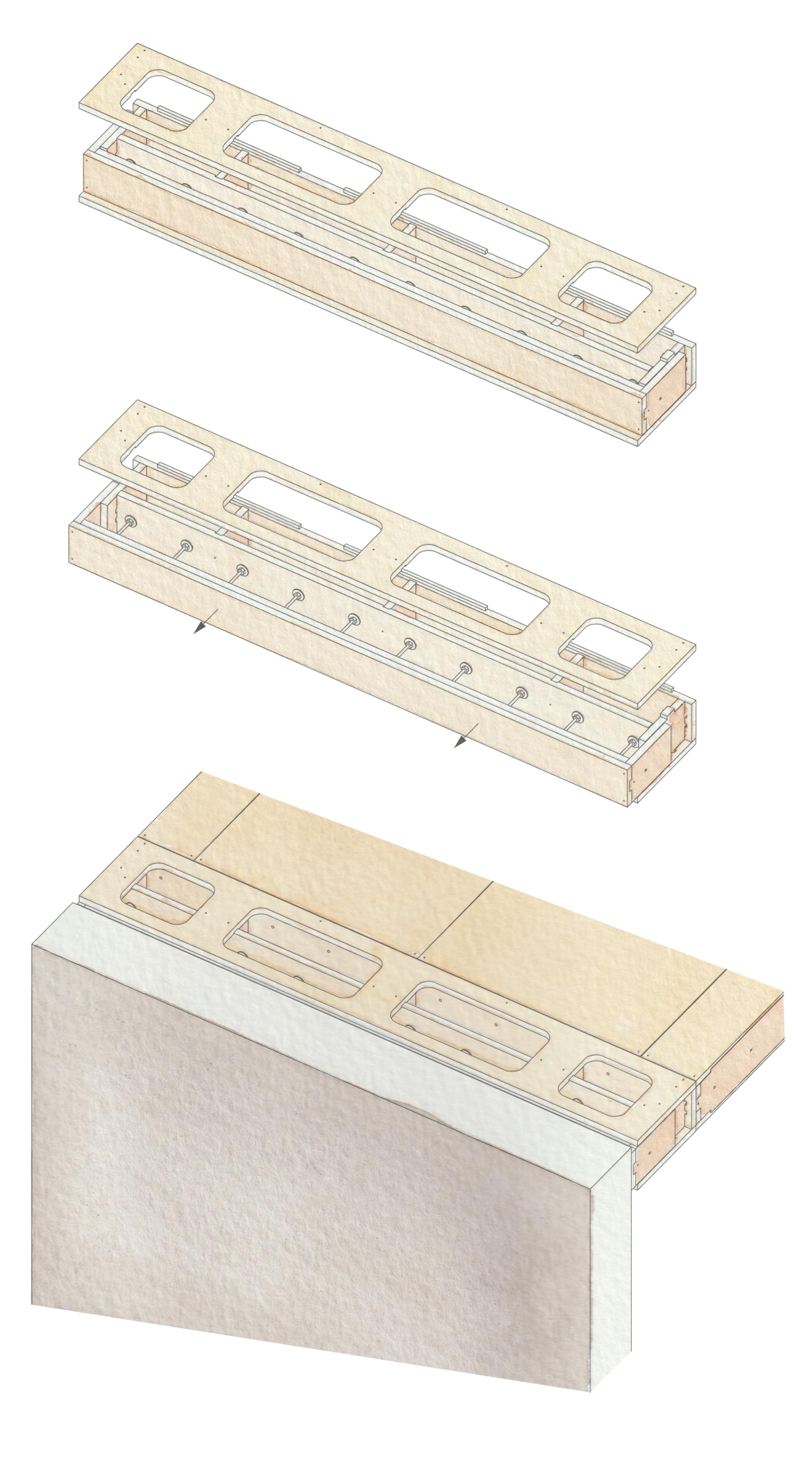 Exploded view of a birch plywood structure with three layers, showing top, middle, and bottom components assembled onto a rectangular wall, revealing cut-outs and alignment details for sustainable construction.