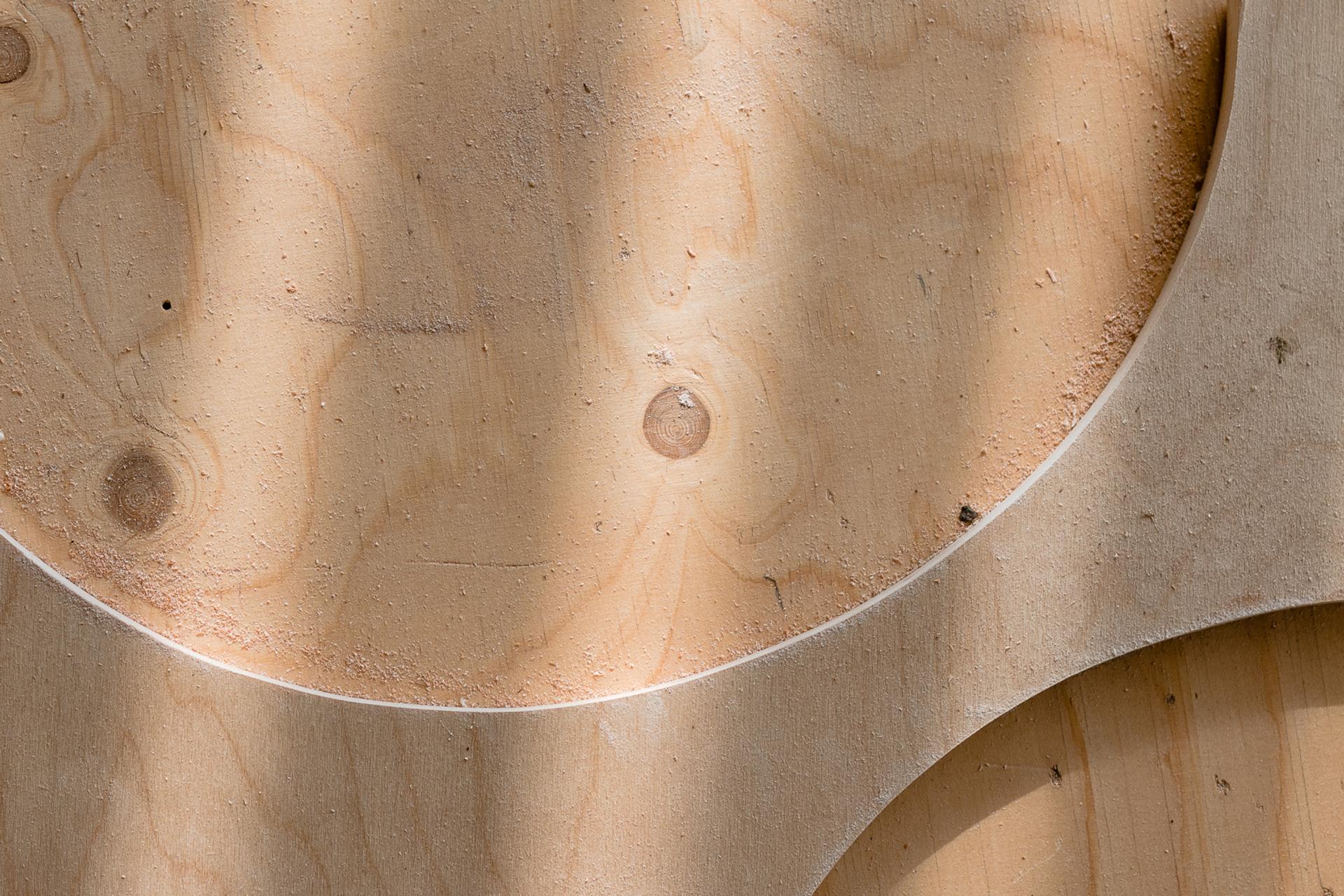 Close-up of a light-coloured plywood surface with circular cut-outs and visible wood grain, illuminated by soft, dappled light and subtle shadows for a modular, sustainable design.