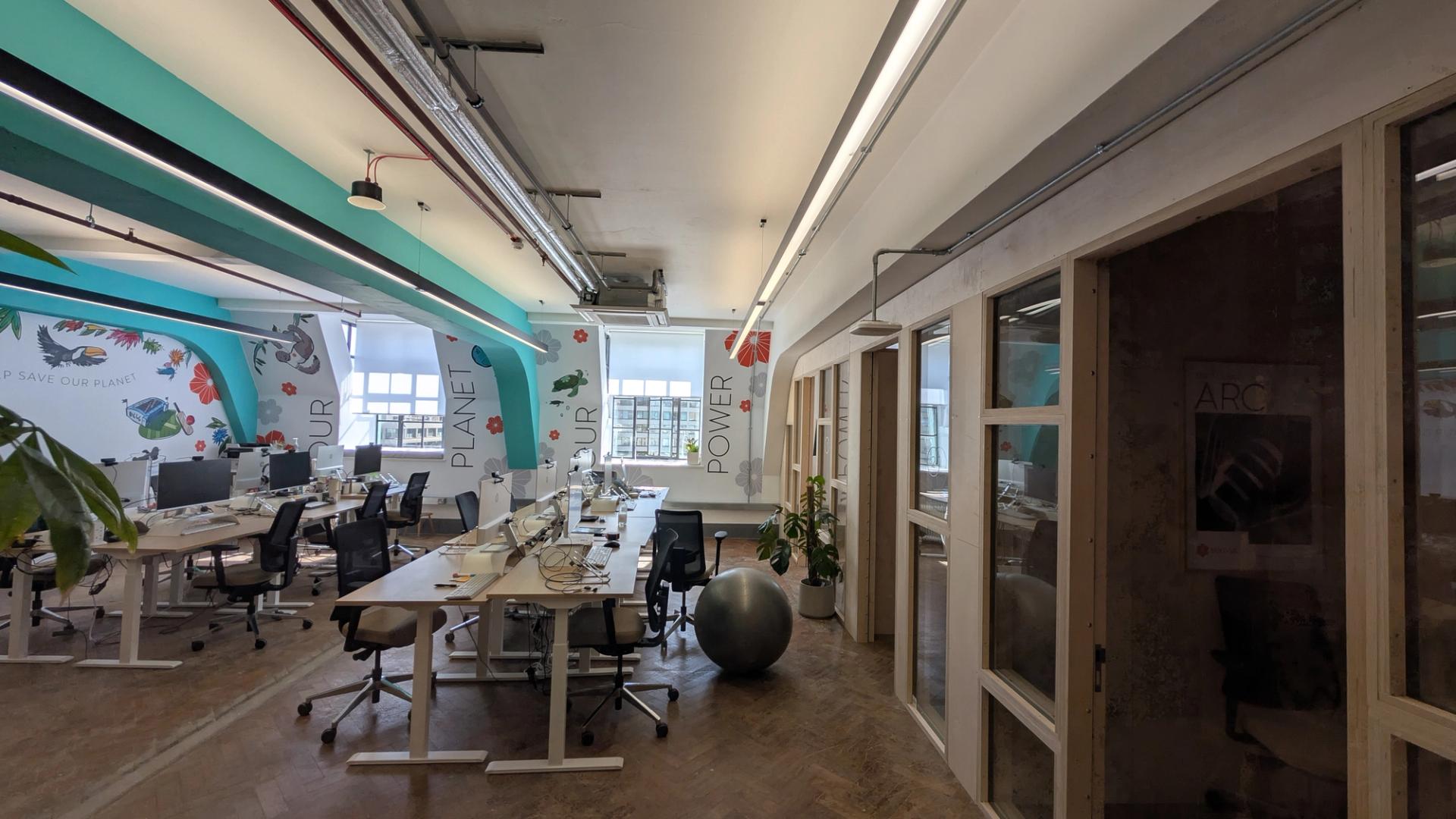 Modern open-plan office with rows of desks and computers, a large exercise ball, indoor plants, and colourful wall art featuring sustainable messages. Glass-walled meeting rooms line the right side. Natural light floods the spruce-accented space.