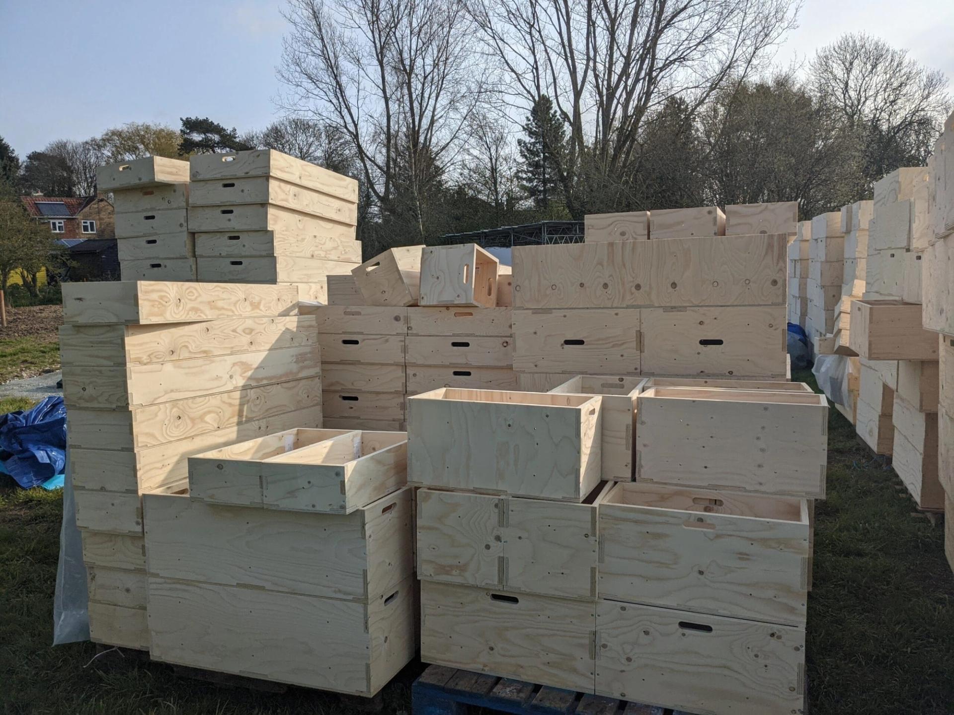 Stacks of unfinished plywood beehive boxes are arranged outdoors on grass, with leafless trees and houses visible in the background under a partly cloudy sky.