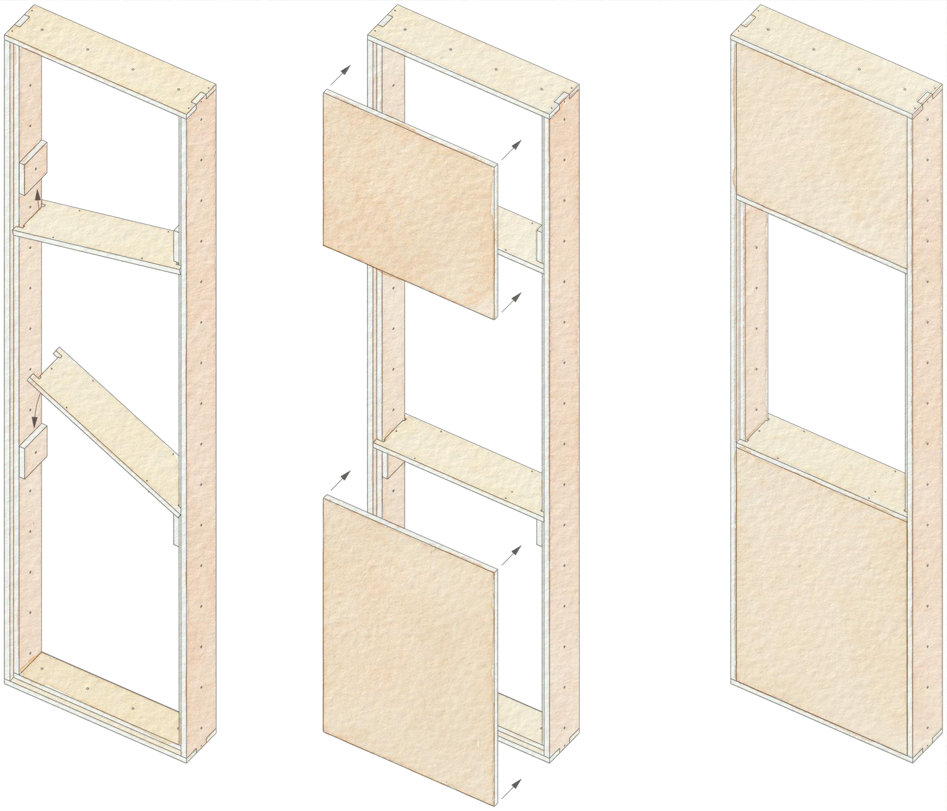 Three-step illustration showing the assembly of a timber construction wall frame: first the frame, then attaching two rectangular birch plywood panels, and finally the completed frame with both panels secured in place.