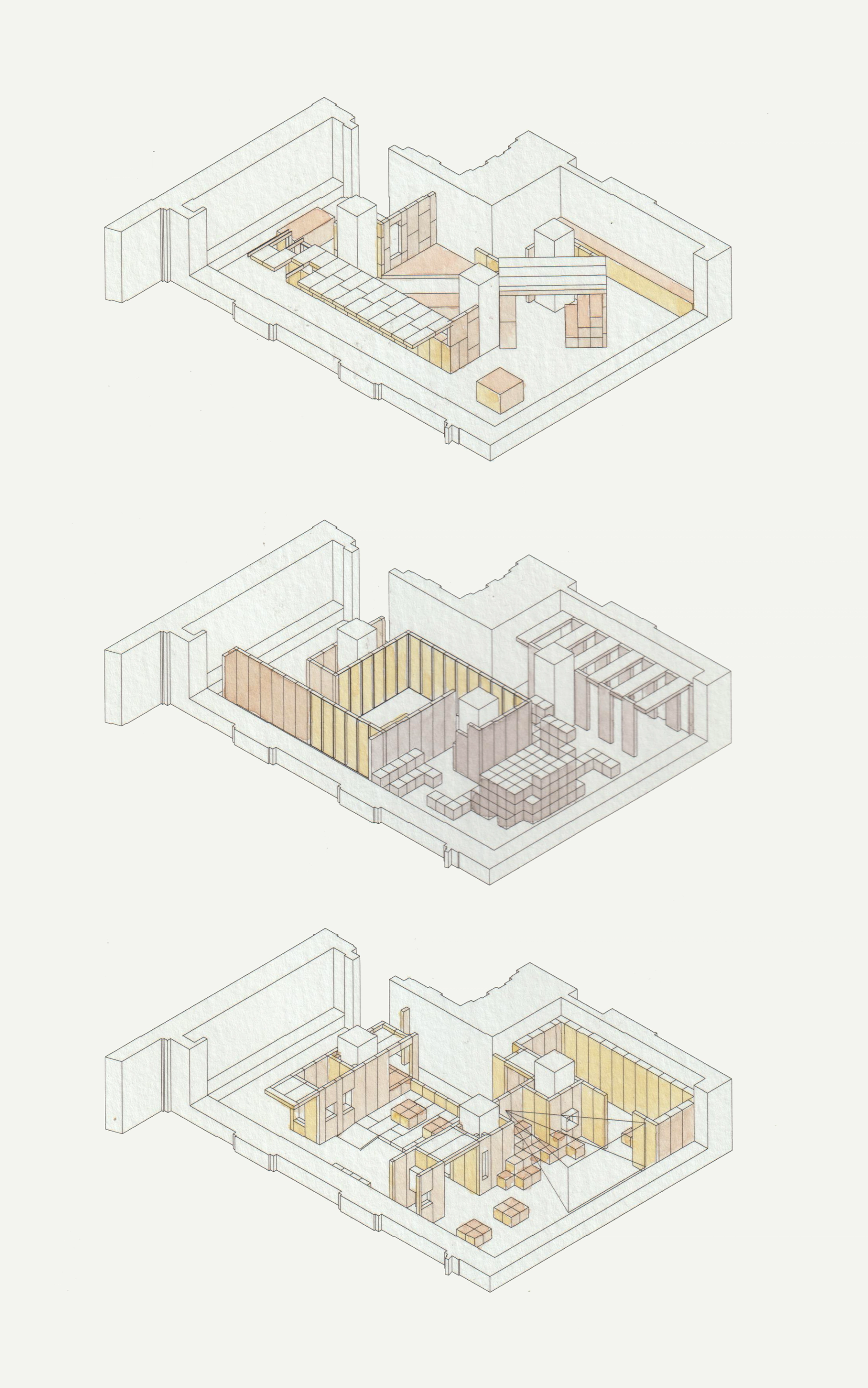 Three isometric architectural diagrams show different modular room layouts, each with various furniture, walls, and partitions arranged in different configurations within the same rectangular space.