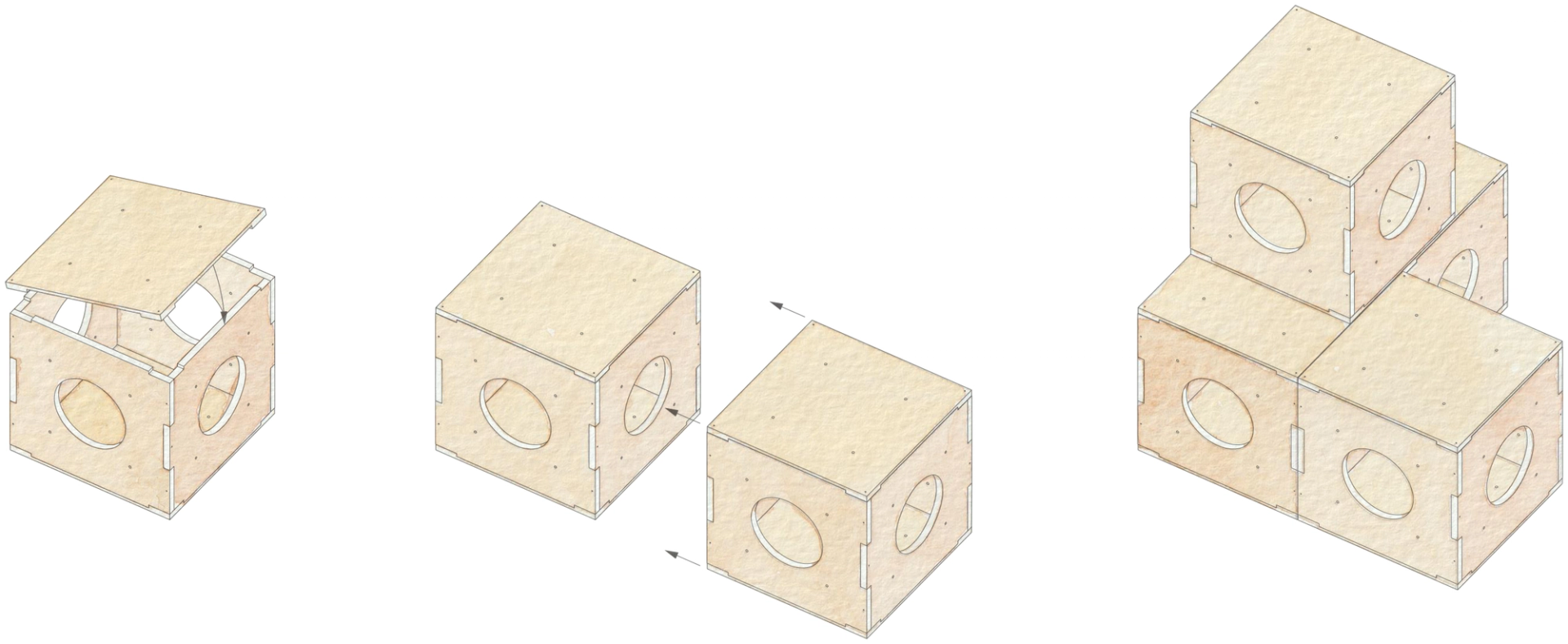 Four diagrams show the assembly process of cube-shaped birch wooden boxes with circular openings, culminating in a multi-level stacked structure of five connected cubes—a sustainable approach to timber construction.