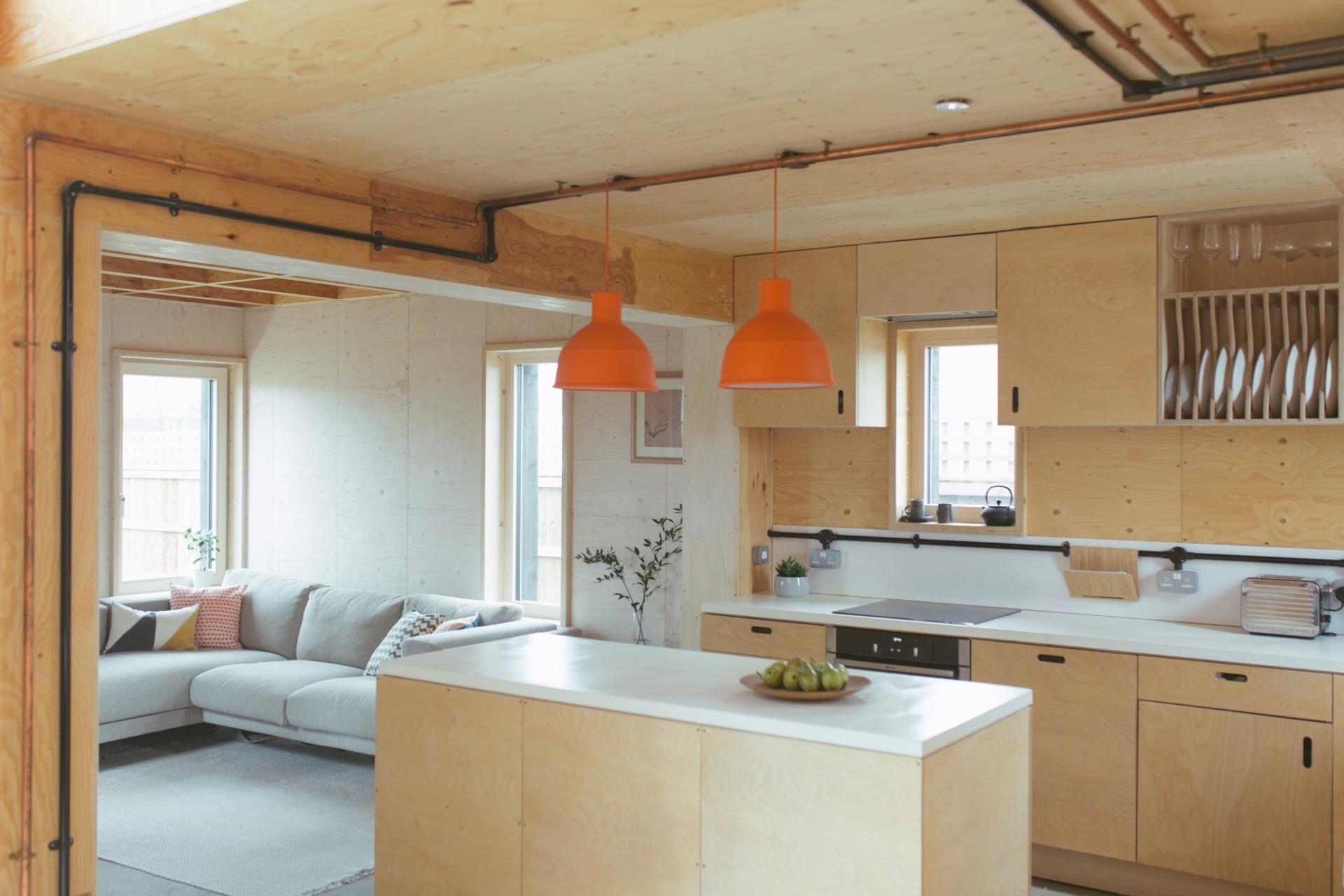 This is an interior kitchen photograph of Box House. It is made of U-Build in collaboration with Studio Bark and has been featured on the Grand Designs TV show.