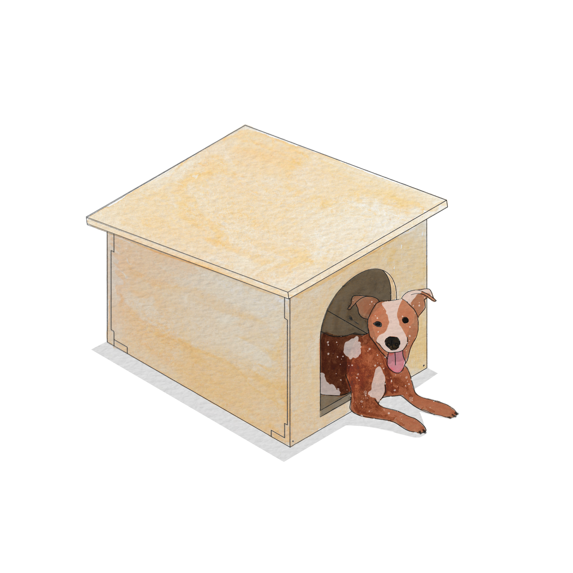 A brown and white dog with its tongue out lies inside a spruce timber construction kennel, with its front legs and head sticking out of the entrance.