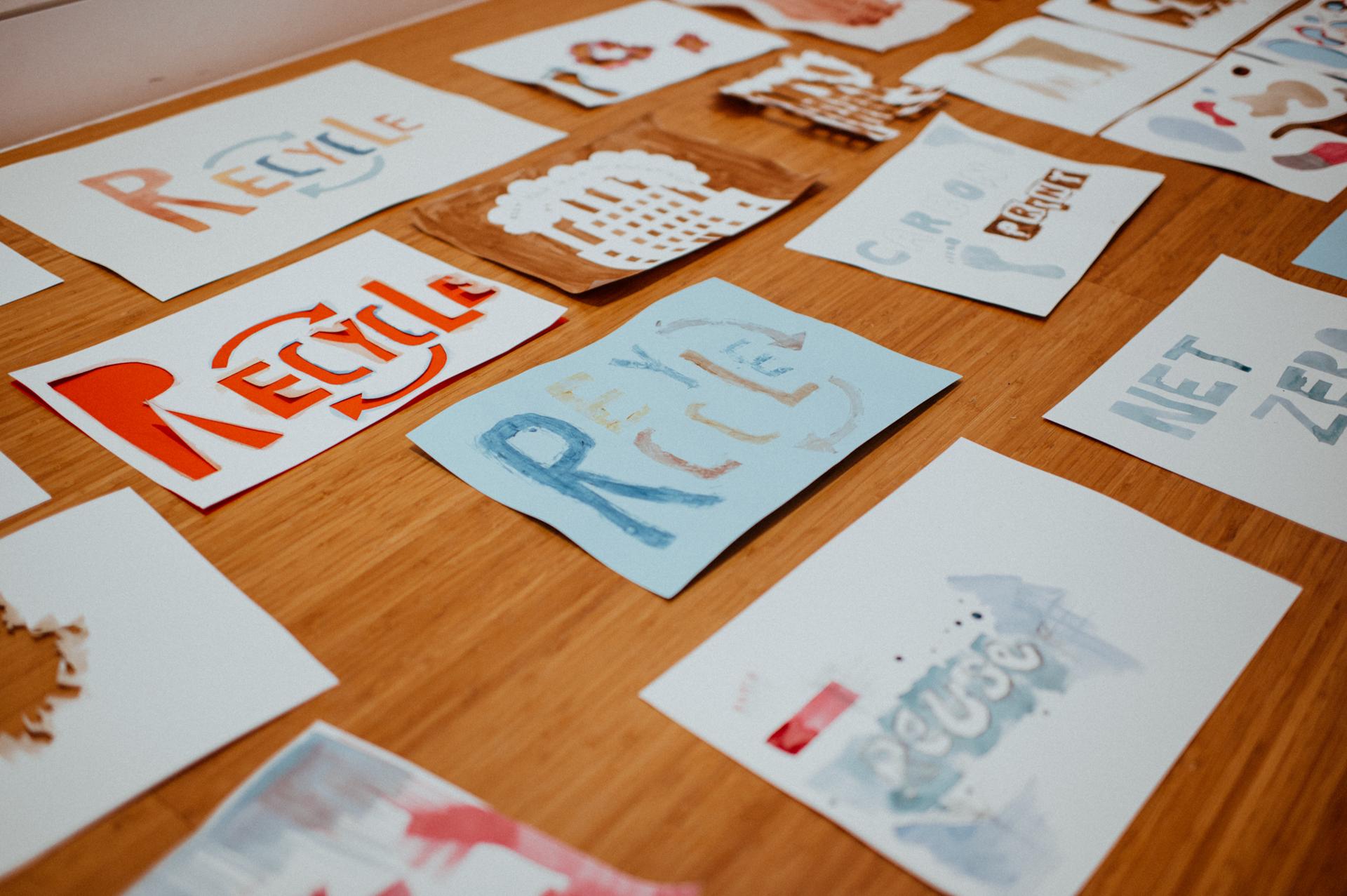 Handmade signs with messages like Recycle and Net Zero are spread out on a wooden table, featuring colourful letters and creative artwork on each paper—a vibrant reflection of our Community Build Project, where young people explore architecture design through make-build sessions using plywood and reused materials to inspire new approaches to sculpture and structure.