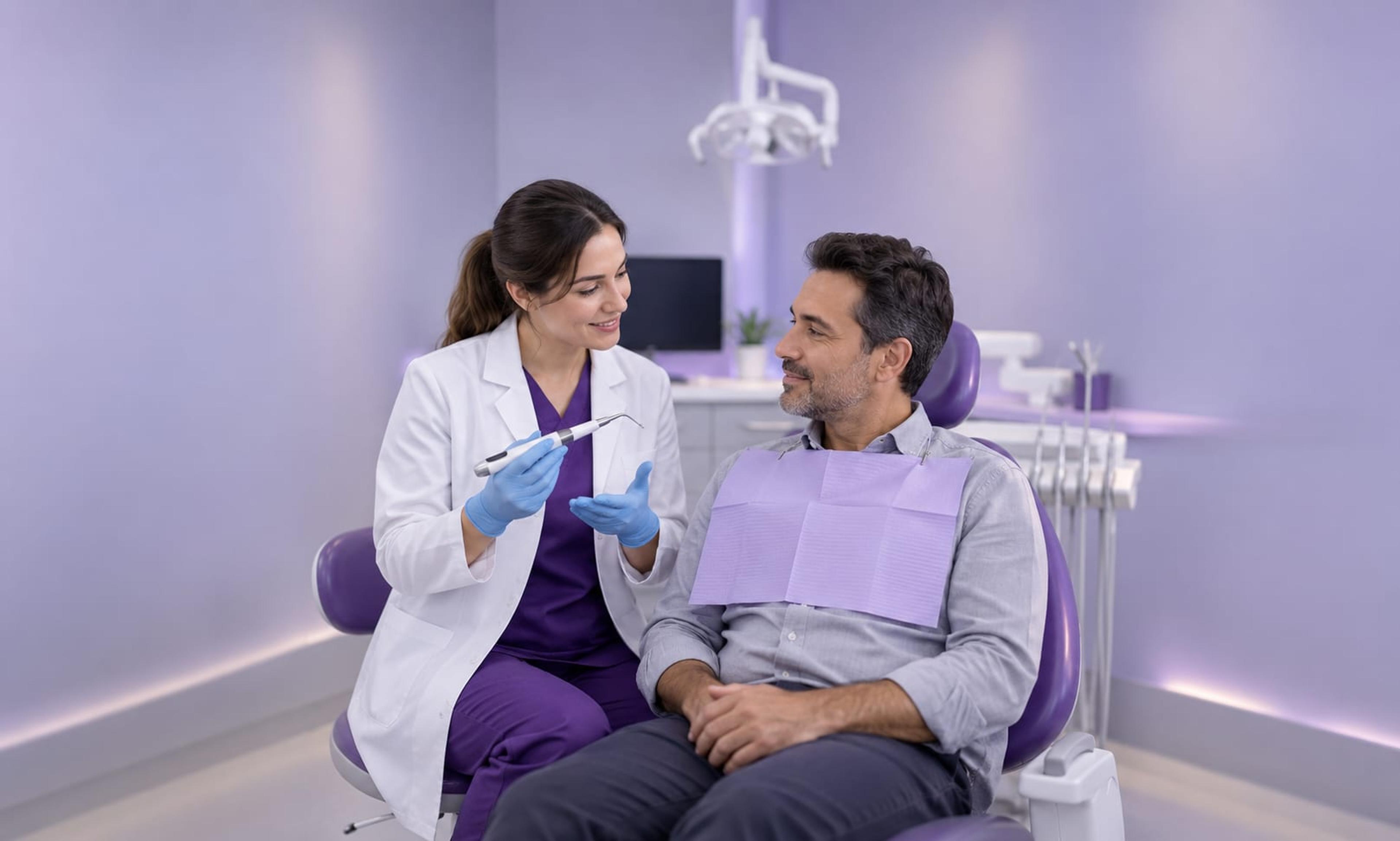 A dentist showing a patient the laser handpiece used for treatment