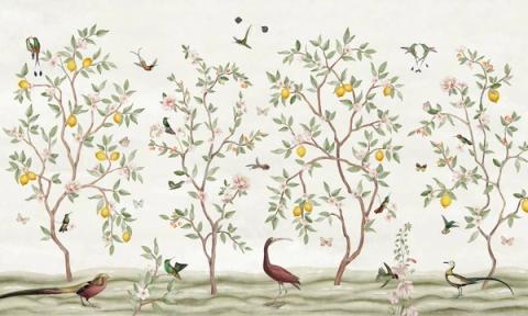 The lemon trees on a warm cream ground — the quietest of the three, and the easiest to live with. The birds and fruit carry the colour, so the wall itself stays light.