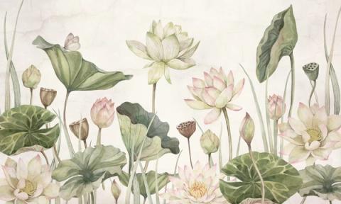 Lotus and water lilies in pale pink and cream, with broad green pads drifting across an ivory ground. Still and uncluttered — it suits a bathroom or a bedroom wall.