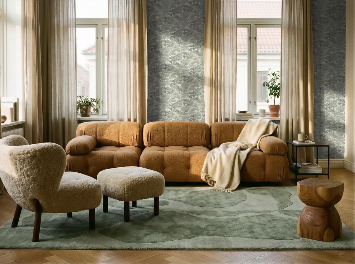 Dark green forest-print wallpaper between tall windows, behind a tan modular sofa and a green rug