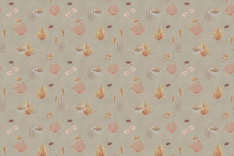 Corals, shells and little fish scattered like a pressed-seaweed study, here on a warm brown ground. As a true repeat it tiles to fit any wall, whether as an all-over nursery paper or a single feature panel.