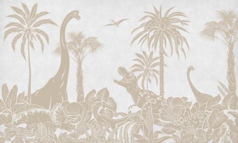 Long-necked dinosaurs wander among tall palms and ferns, drawn as a soft tonal silhouette that fades from a deeper sky into a paler foreground. Printed in a muted, vintage white. A calm, graphic take on a prehistoric world — grown-up enough to outlast the dinosaur years.