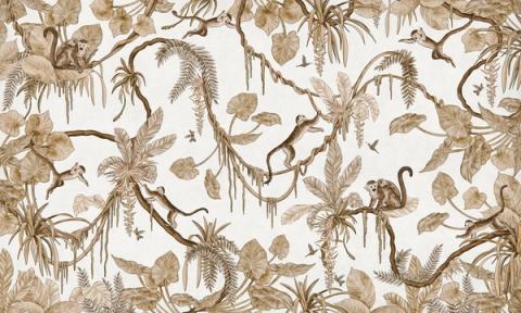 Monkeys swing through hanging vines and palm fronds in a lively all-over design, with flamingos and birds tucked among the leaves. Shown in a softened vintage white palette. Busy in the best way, with something new to spot each time.