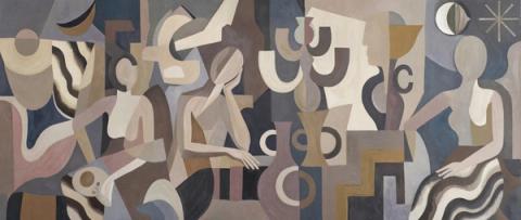 Pale figures and moon shapes spread wide across warm stone and cream. The quietest of the four, and the most forgiving in a busy room.