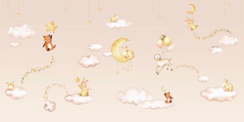 Sleeping bunnies, a lamb and a fox drift between clouds and trailing star garlands.
