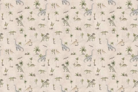 Friendly dinosaurs and little palms in a small, all-over repeat, here on a sandy ground. As a true repeat it tiles to fit any wall, whether as an all-over nursery paper or a single feature panel.