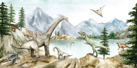 Long-necked dinosaurs stand by a still lake with mountains behind, drawn in soft, dreamy colours. A gentle prehistoric world, calmer than the usual dinosaur scene.