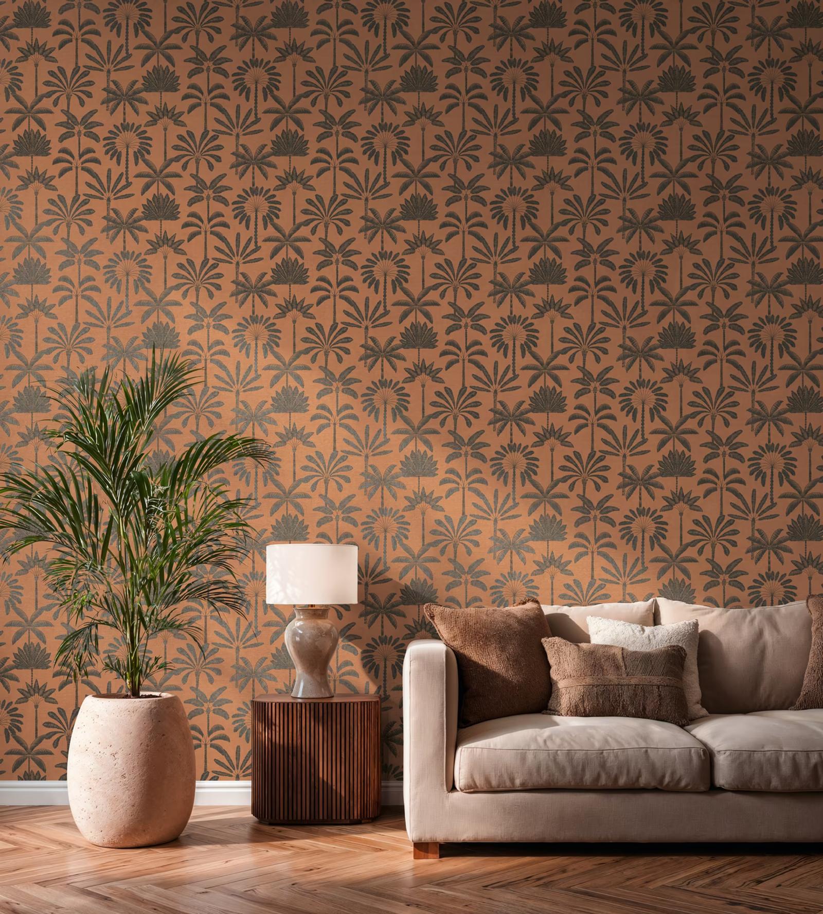 Terracotta Palmera palm wallpaper behind a linen sofa and potted palm
