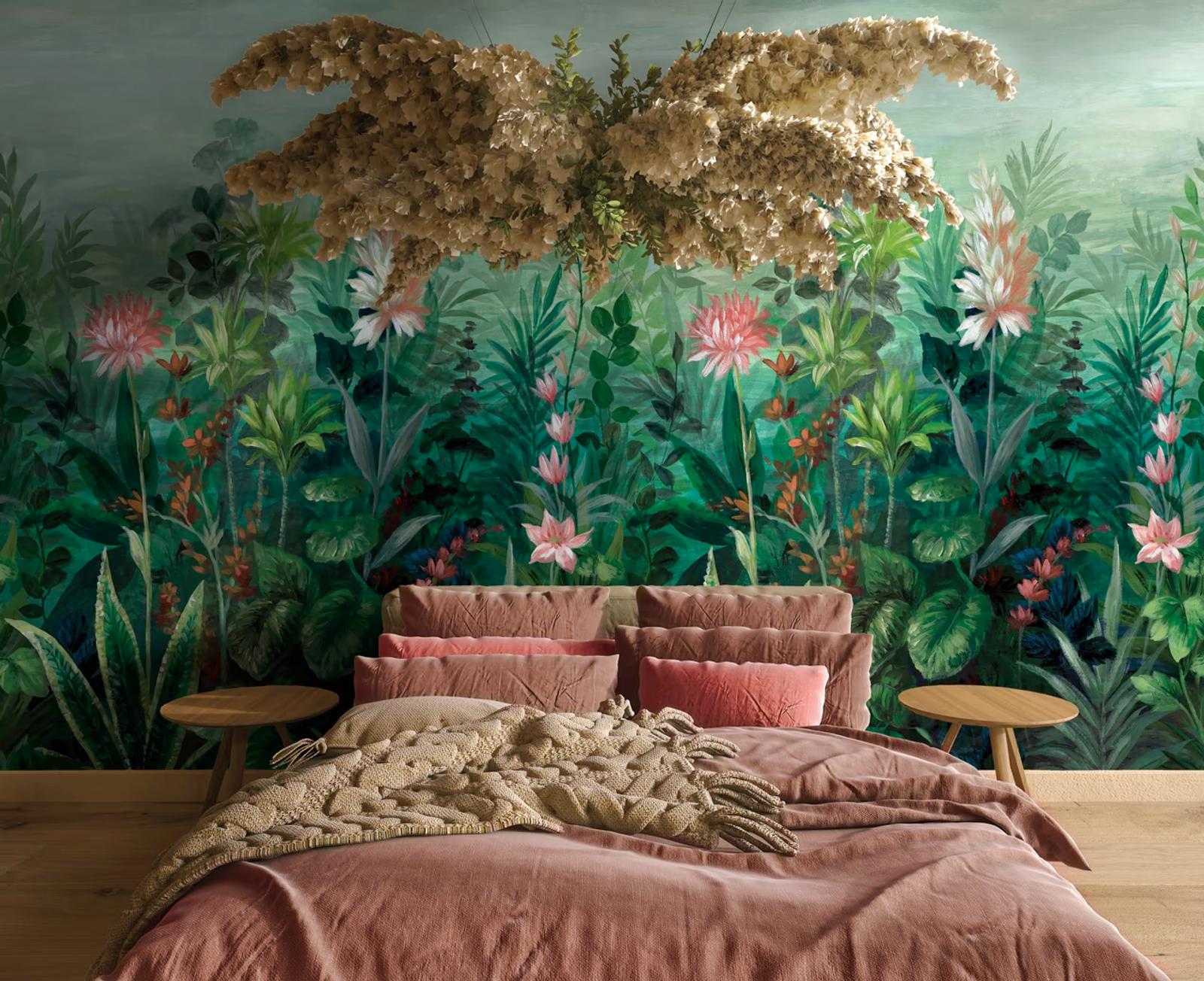 Primavera Green mural in a bedroom with a pink headboard