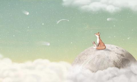 A fox sits on the moon above the clouds, watching the stars fall.