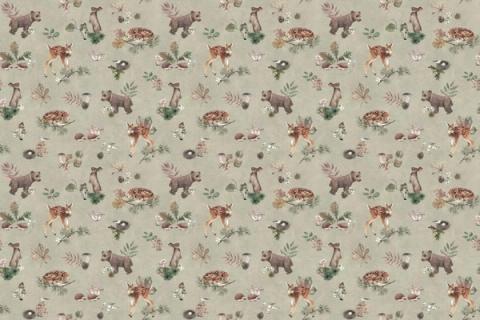 Woodland animals gathered under trees in a warm little scene, here on a sage green ground. As a true repeat it tiles to fit any wall, whether as an all-over nursery paper or a single feature panel.