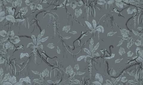 Monkeys swing through hanging vines and palm fronds in a lively all-over design, with flamingos and birds tucked among the leaves. Shown as a single-tone print in soft blue. Busy in the best way, with something new to spot each time.