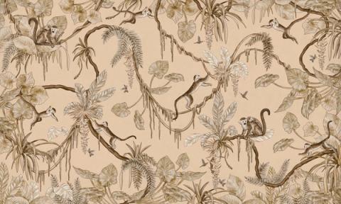 Monkeys swing through hanging vines and palm fronds in a lively all-over design, with flamingos and birds tucked among the leaves. Shown in a softened vintage beige palette. Busy in the best way, with something new to spot each time.