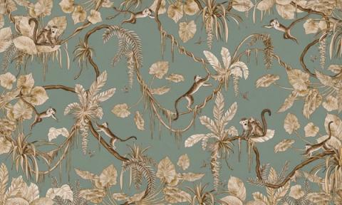 Monkeys swing through hanging vines and palm fronds in a lively all-over design, with flamingos and birds tucked among the leaves. Shown in a softened vintage green palette. Busy in the best way, with something new to spot each time.
