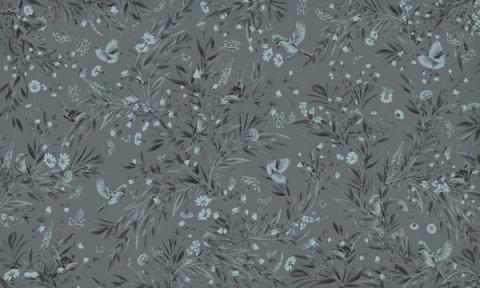 Robins and other small birds rest among ferns and slender foliage, drawn as a soft repeating spray. Shown as a single-tone print in soft blue. Gentle and green, it suits a nursery that leans natural rather than bright.