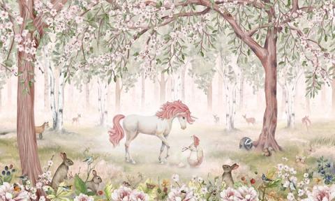 A unicorn stands in a blossoming woodland in soft greens, with small animals nearby. Gentle and a little magical, without tipping into loud fantasy.
