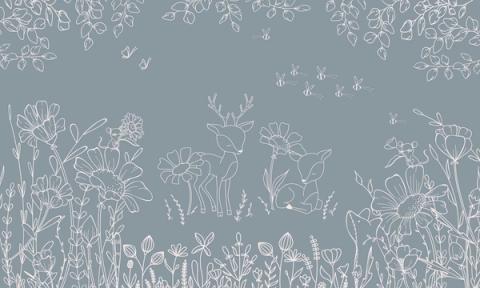 Fine white line drawings of deer, wildflowers and bees across a soft ground.