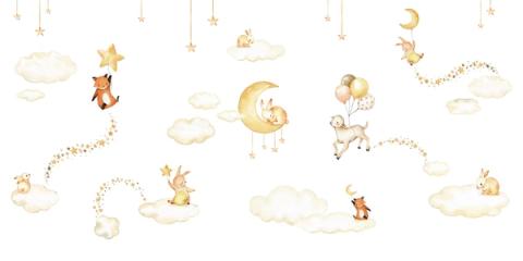 Sleeping bunnies, a lamb and a fox drift between clouds and trailing star garlands.