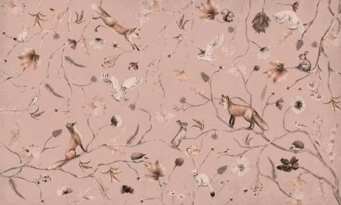 Foxes, owls and little birds scattered among fine branches and wildflowers in a light, hand-drawn all-over design. Shown as a single-tone print in dusky pink. Even and delicate across the wall, it dresses a room without crowding it.
