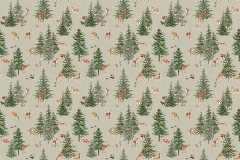 Rows of pine trees with deer and foxes between them, here on a sage green ground. As a true repeat it tiles to fit any wall, whether as an all-over nursery paper or a single feature panel.